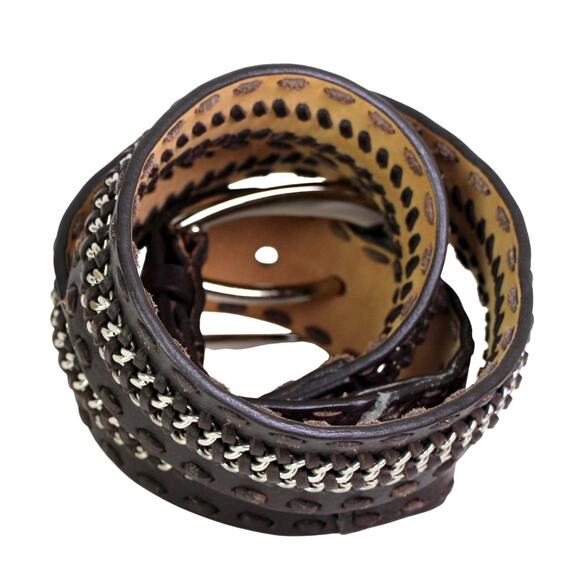 Michael Kors BROWN REAL LEATHER 1 5/8"Wd CHAIN STITCH CASUAL DRESS BELT Sz M B33 - Picture 5 of 14